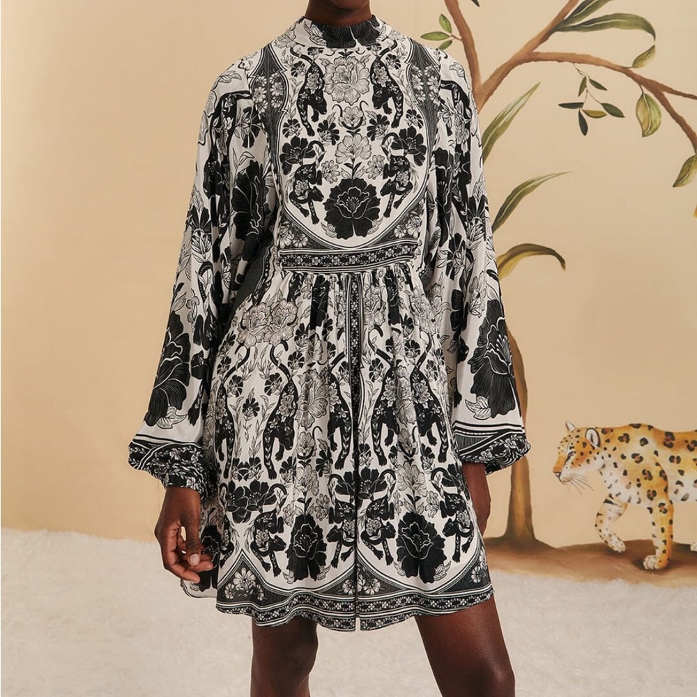 FARM Rio Black and White Long Sleeve Mock Neck Dress